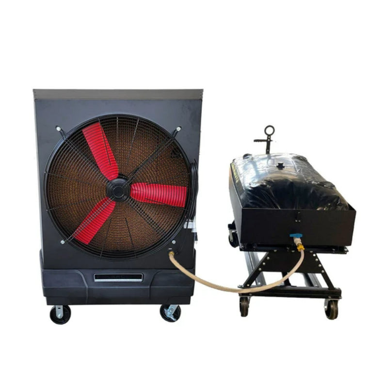 Black PolarCool Pro 36 evaporative cooler attached via hose to Water Cart, both on wheels.