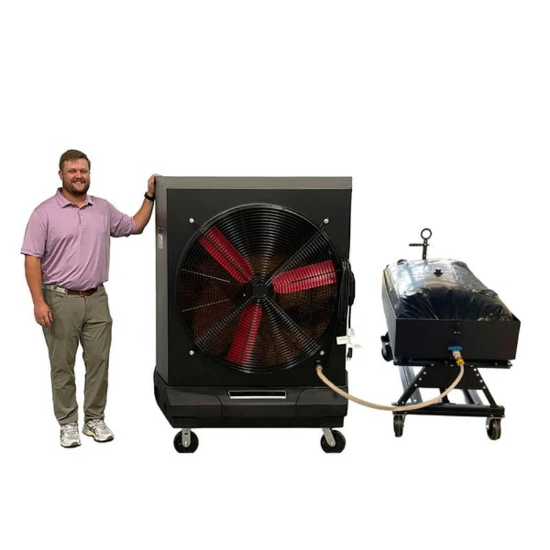 A man standing next to a PolarCool Pro 36 evaporative cooler with Water Cart attached.