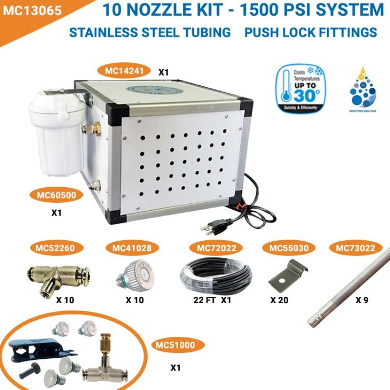 MistCooling Stainless Steel Patio Misting System - 1500 PSI Misting Pump - Ridgeline Air